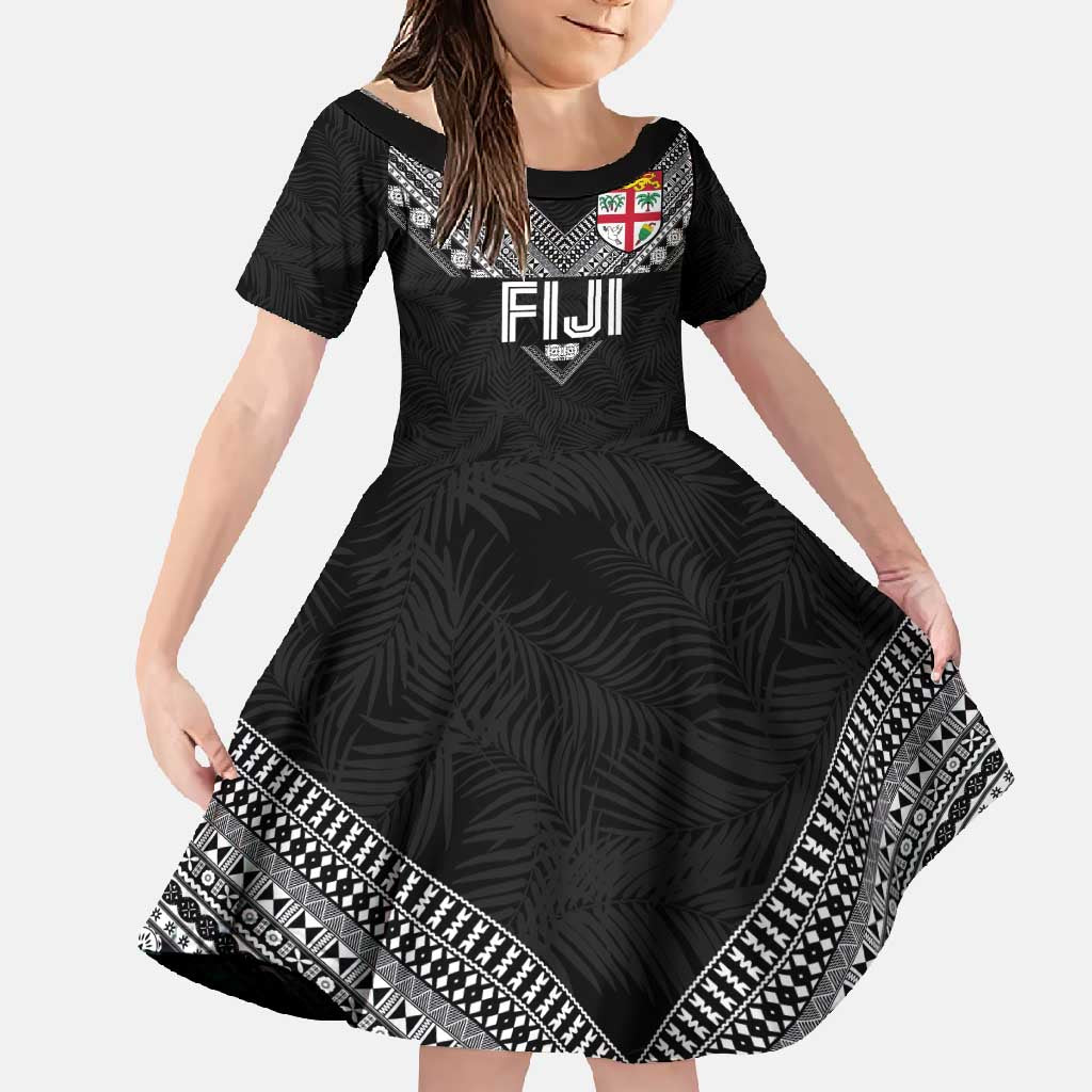 Custom Rugby Fiji Family Matching Off Shoulder Maxi Dress and Hawaiian Shirt Fijian Masi Tribal Sporty Style Black Color - Polynesian Pride