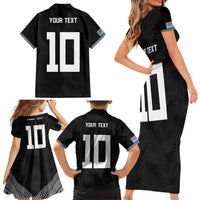 Custom Rugby Fiji Family Matching Short Sleeve Bodycon Dress and Hawaiian Shirt Fijian Masi Tribal Sporty Style Black Color - Polynesian Pride
