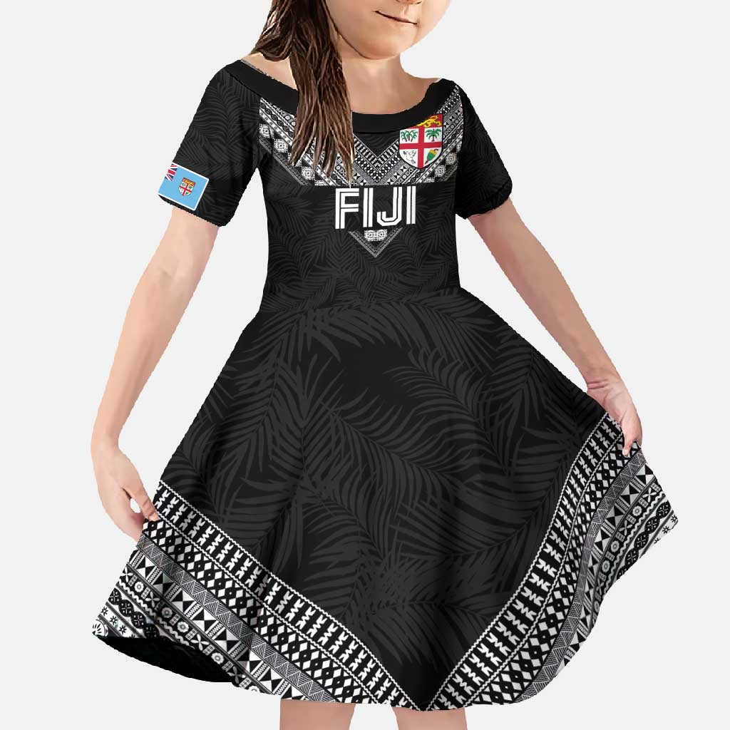 Custom Rugby Fiji Family Matching Summer Maxi Dress and Hawaiian Shirt Fijian Masi Tribal Sporty Style Black Color - Polynesian Pride
