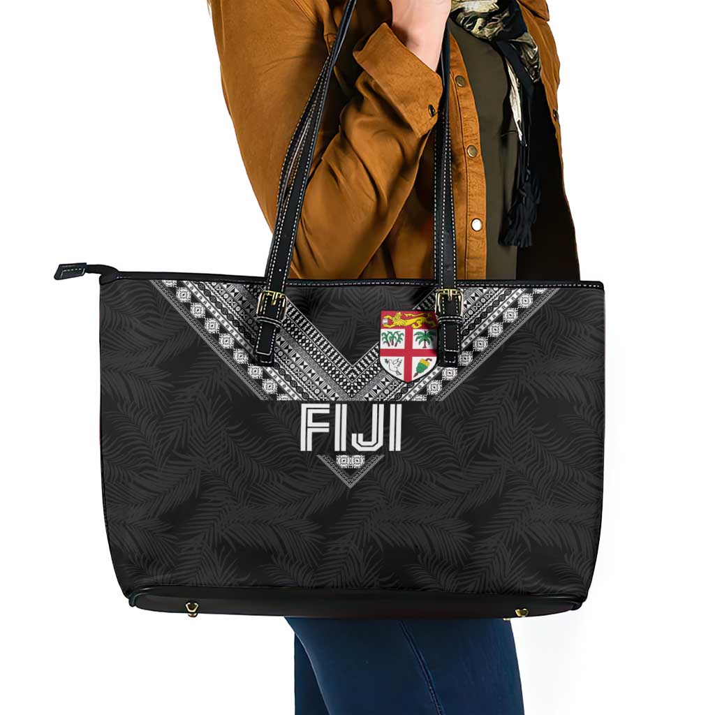 Rugby Fiji Leather Tote Bag Fijian Masi Tribal Sporty Style Black Color LT03 - Polynesian Pride