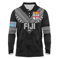 Custom Rugby Fiji Long Sleeve Polo Shirt Fijian Masi Tribal Sporty Style Black Color - Polynesian Pride