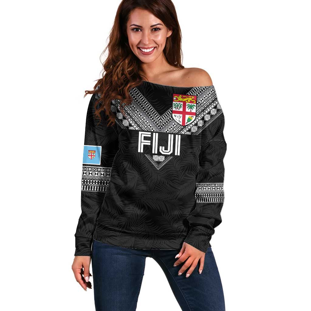 Custom Rugby Fiji Off Shoulder Sweater Fijian Masi Tribal Sporty Style Black Color - Polynesian Pride