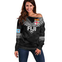 Custom Rugby Fiji Off Shoulder Sweater Fijian Masi Tribal Sporty Style Black Color - Polynesian Pride