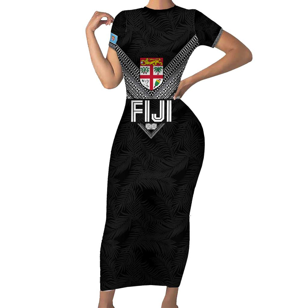 Custom Rugby Fiji Short Sleeve Bodycon Dress Fijian Masi Tribal Sporty Style Black Color LT03 Long Dress Black - Polynesian Pride