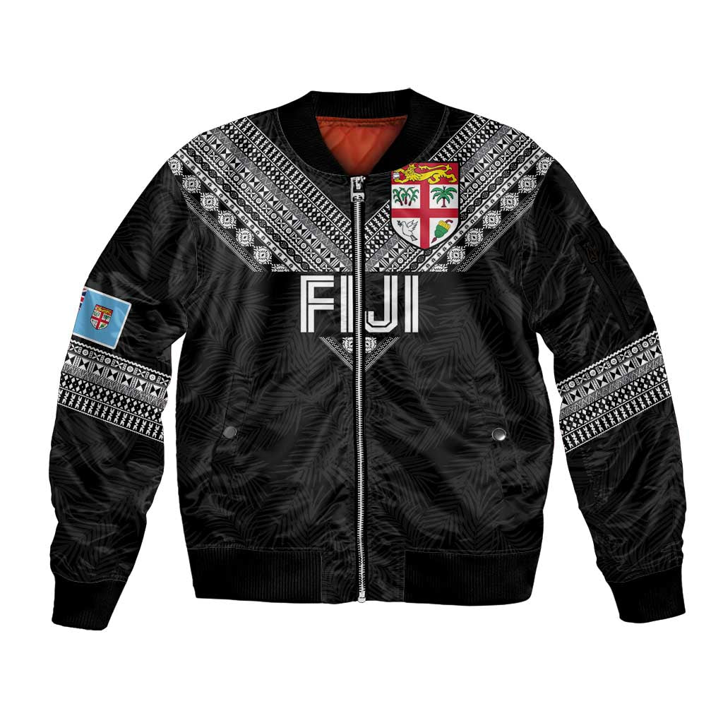 Custom Rugby Fiji Sleeve Zip Bomber Jacket Fijian Masi Tribal Sporty Style Black Color - Polynesian Pride