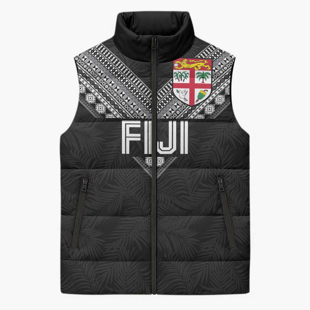 Custom Rugby Fiji Sleeveless Puffer Jacket Fijian Masi Tribal Sporty Style Black Color - Polynesian Pride