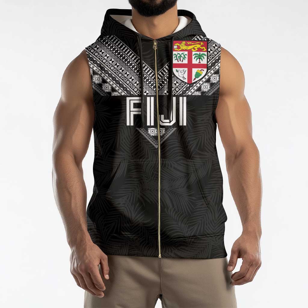 Custom Rugby Fiji Sleeveless Zip Hoodie Fijian Masi Tribal Sporty Style Black Color - Polynesian Pride