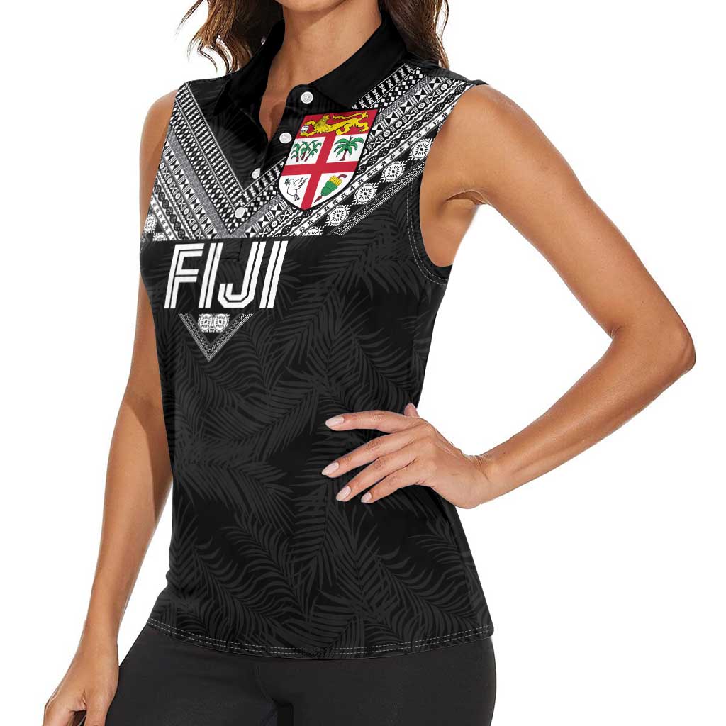 Custom Rugby Fiji Women Sleeveless Polo Shirt Fijian Masi Tribal Sporty Style Black Color - Polynesian Pride