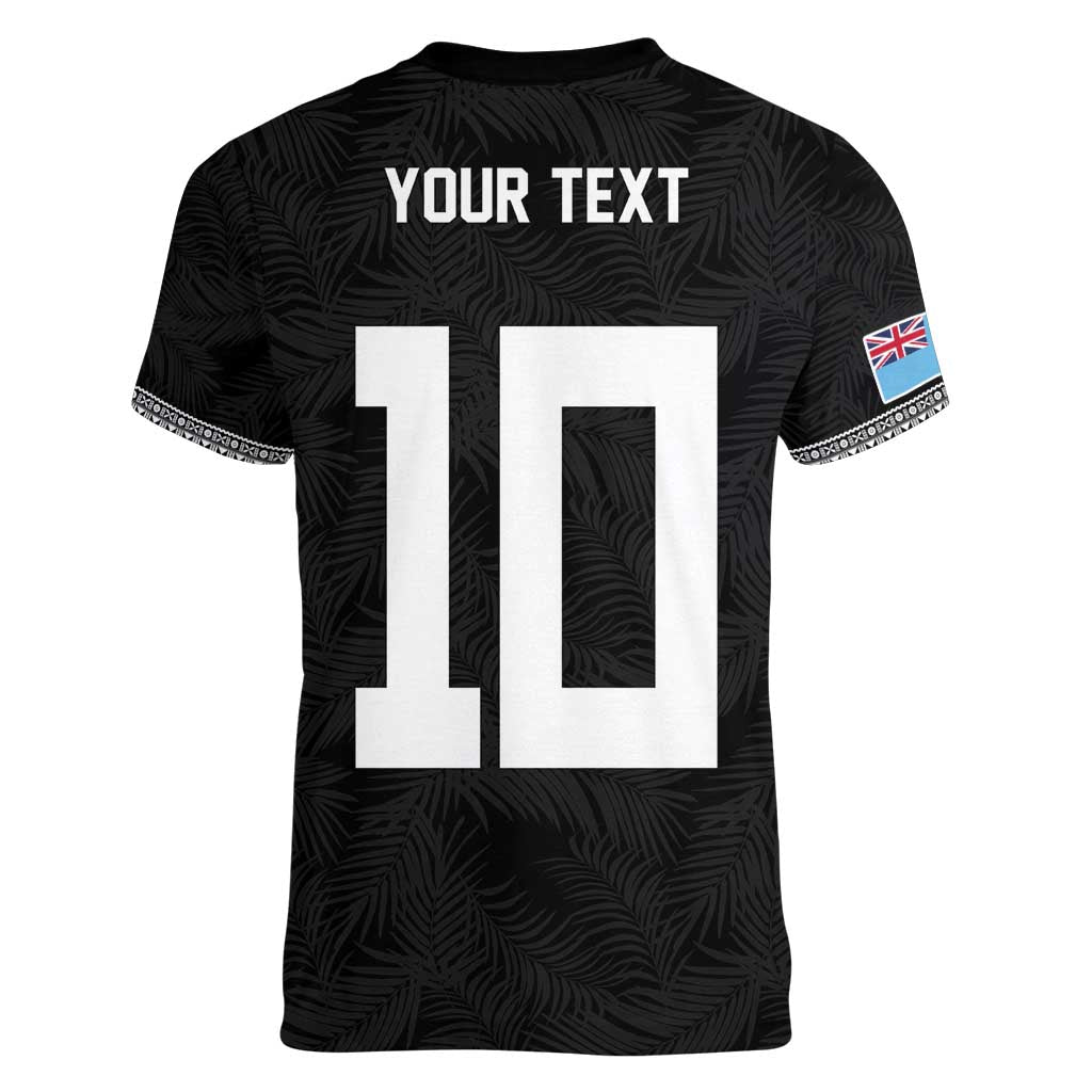 Custom Rugby Fiji Women V-Neck T-Shirt Fijian Masi Tribal Sporty Style Black Color - Polynesian Pride