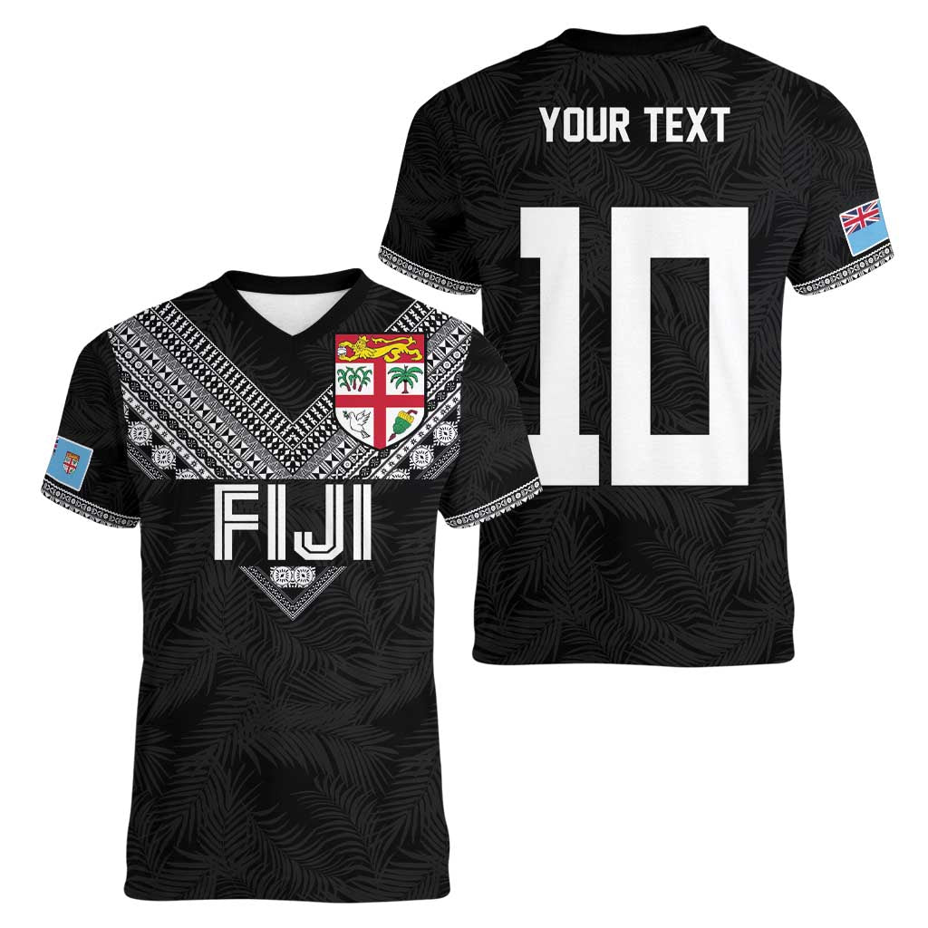 Custom Rugby Fiji Women V-Neck T-Shirt Fijian Masi Tribal Sporty Style Black Color - Polynesian Pride