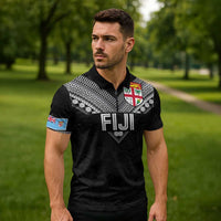 Custom Rugby Fiji Zipper Polo Shirt Fijian Masi Tribal Sporty Style Black Color LT03 - Polynesian Pride