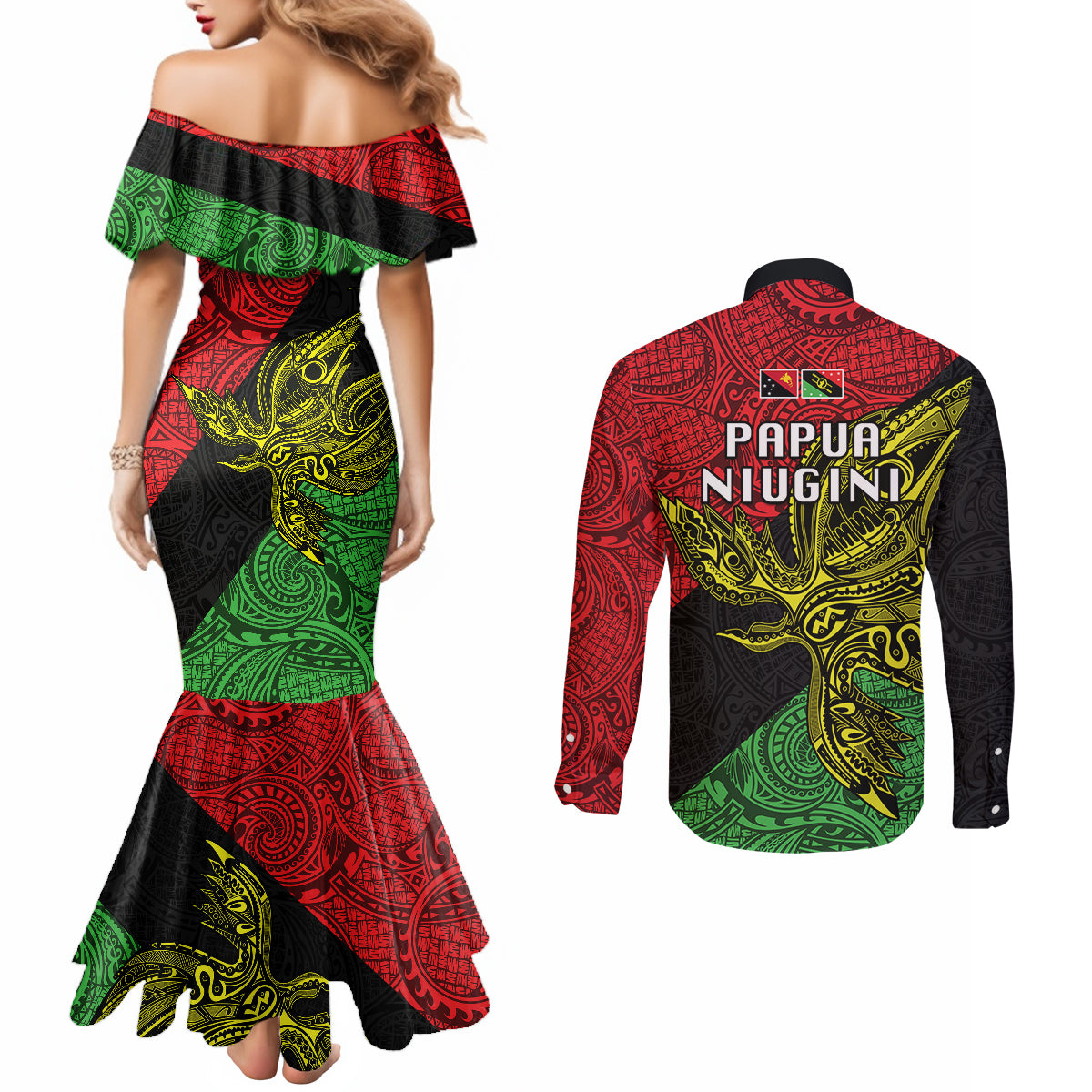 Papua New Guinea Southern Highlands Province Couples Matching Mermaid Dress and Long Sleeve Button Shirts PNG Birds Of Paradise Polynesian Arty Style LT03 - Polynesian Pride