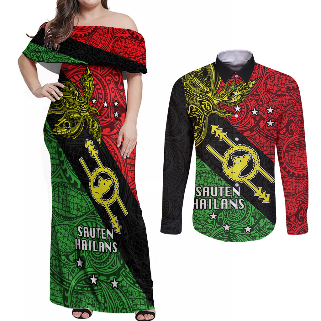 Papua New Guinea Southern Highlands Province Couples Matching Off Shoulder Maxi Dress and Long Sleeve Button Shirts PNG Birds Of Paradise Polynesian Arty Style LT03 Black - Polynesian Pride
