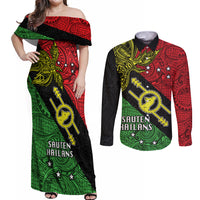 Papua New Guinea Southern Highlands Province Couples Matching Off Shoulder Maxi Dress and Long Sleeve Button Shirts PNG Birds Of Paradise Polynesian Arty Style LT03 Black - Polynesian Pride
