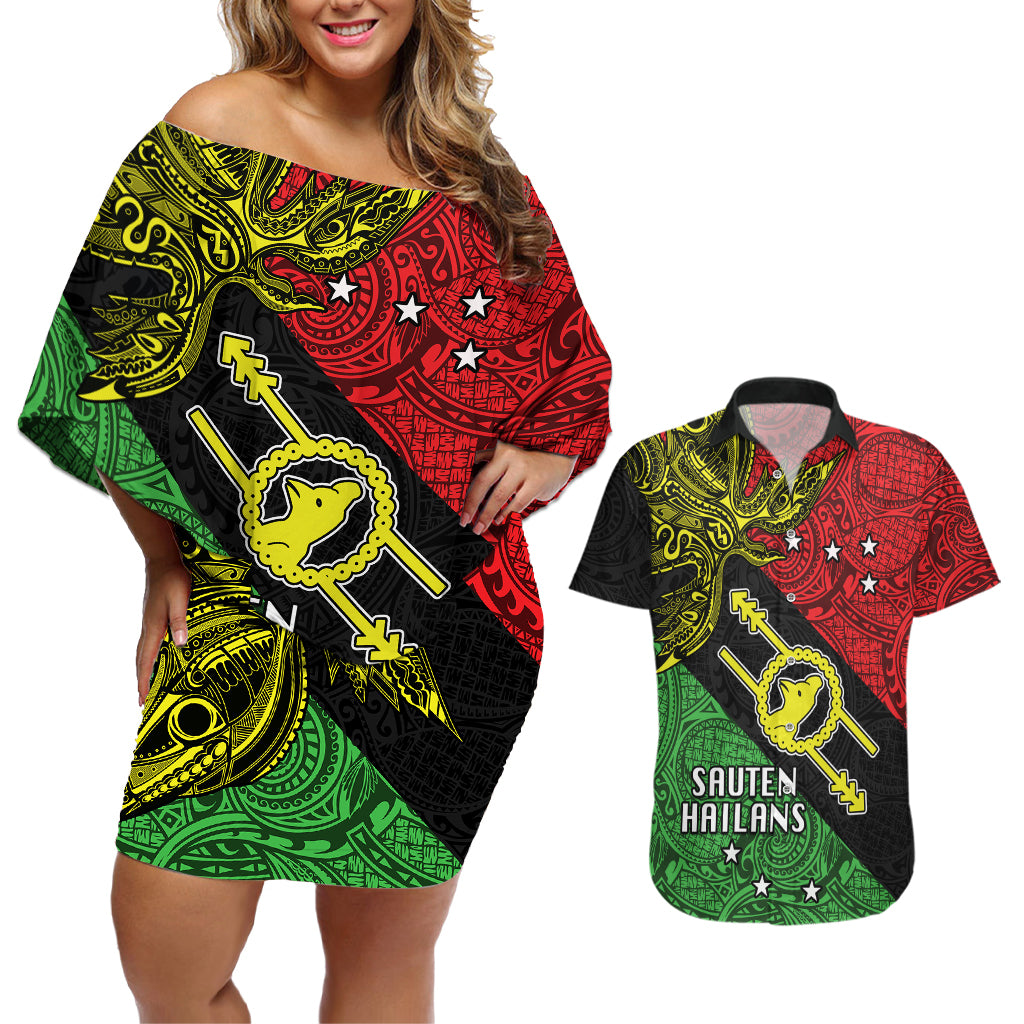 Papua New Guinea Southern Highlands Province Couples Matching Off Shoulder Short Dress and Hawaiian Shirt PNG Birds Of Paradise Polynesian Arty Style LT03 Black - Polynesian Pride