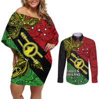 Papua New Guinea Southern Highlands Province Couples Matching Off Shoulder Short Dress and Long Sleeve Button Shirts PNG Birds Of Paradise Polynesian Arty Style LT03 Black - Polynesian Pride