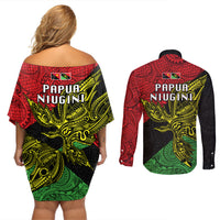 Papua New Guinea Southern Highlands Province Couples Matching Off Shoulder Short Dress and Long Sleeve Button Shirts PNG Birds Of Paradise Polynesian Arty Style LT03 - Polynesian Pride