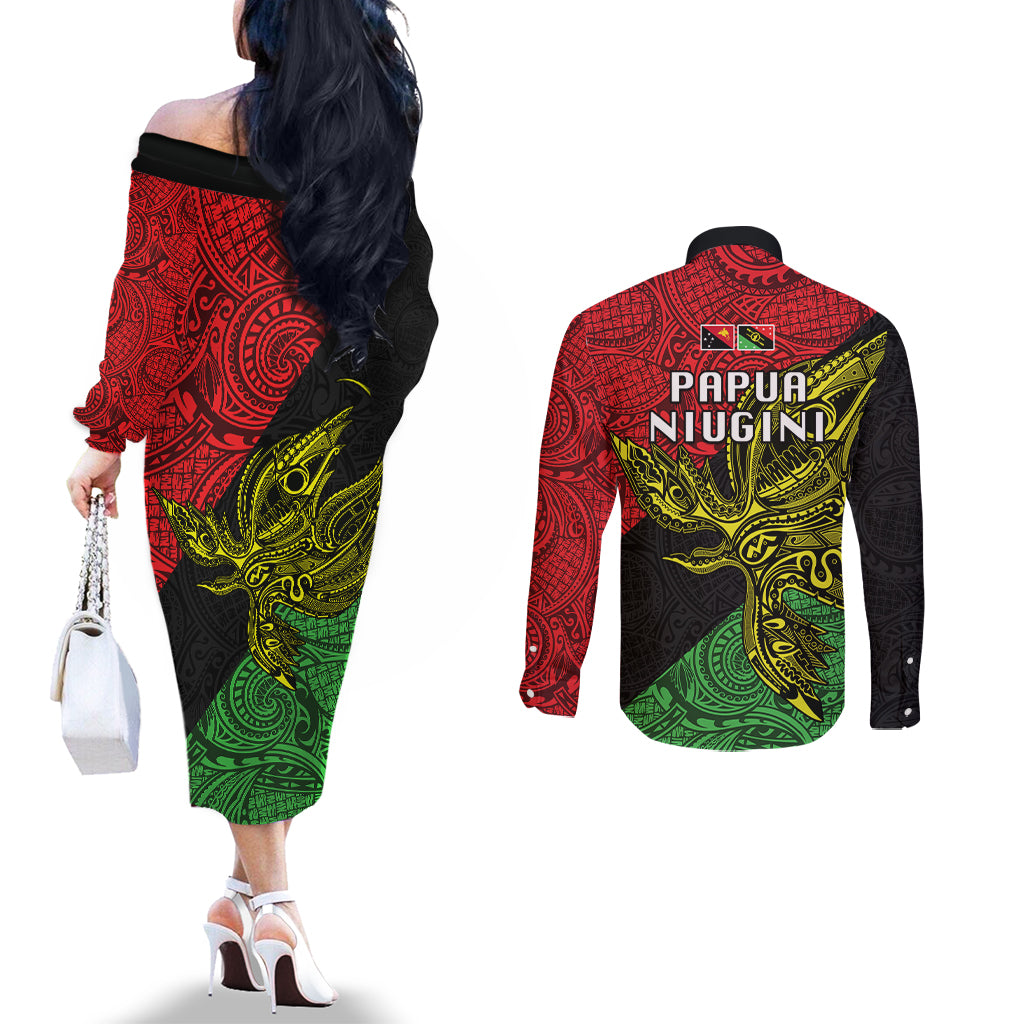Papua New Guinea Southern Highlands Province Couples Matching Off The Shoulder Long Sleeve Dress and Long Sleeve Button Shirts PNG Birds Of Paradise Polynesian Arty Style LT03 - Polynesian Pride