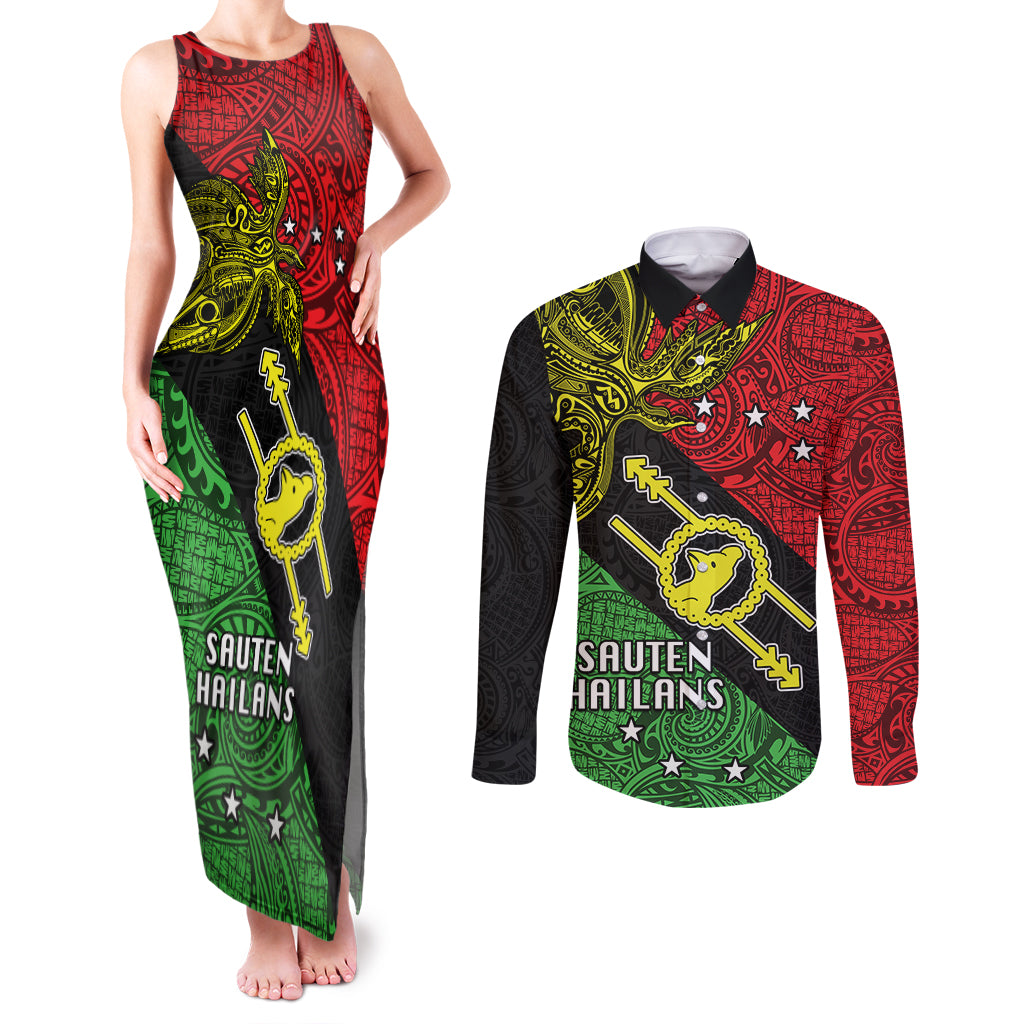 Papua New Guinea Southern Highlands Province Couples Matching Tank Maxi Dress and Long Sleeve Button Shirts PNG Birds Of Paradise Polynesian Arty Style LT03 Black - Polynesian Pride