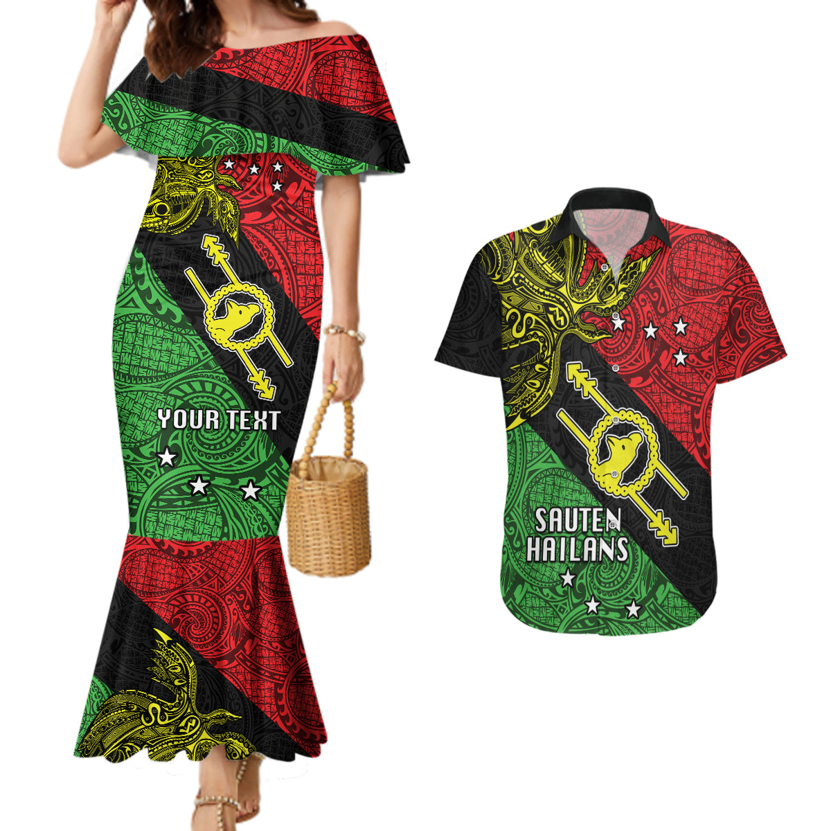 Personalised Papua New Guinea Southern Highlands Province Couples Matching Mermaid Dress and Hawaiian Shirt PNG Birds Of Paradise Polynesian Arty Style LT03 Black - Polynesian Pride