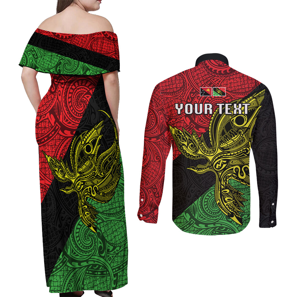 Personalised Papua New Guinea Southern Highlands Province Couples Matching Off Shoulder Maxi Dress and Long Sleeve Button Shirts PNG Birds Of Paradise Polynesian Arty Style LT03 - Polynesian Pride