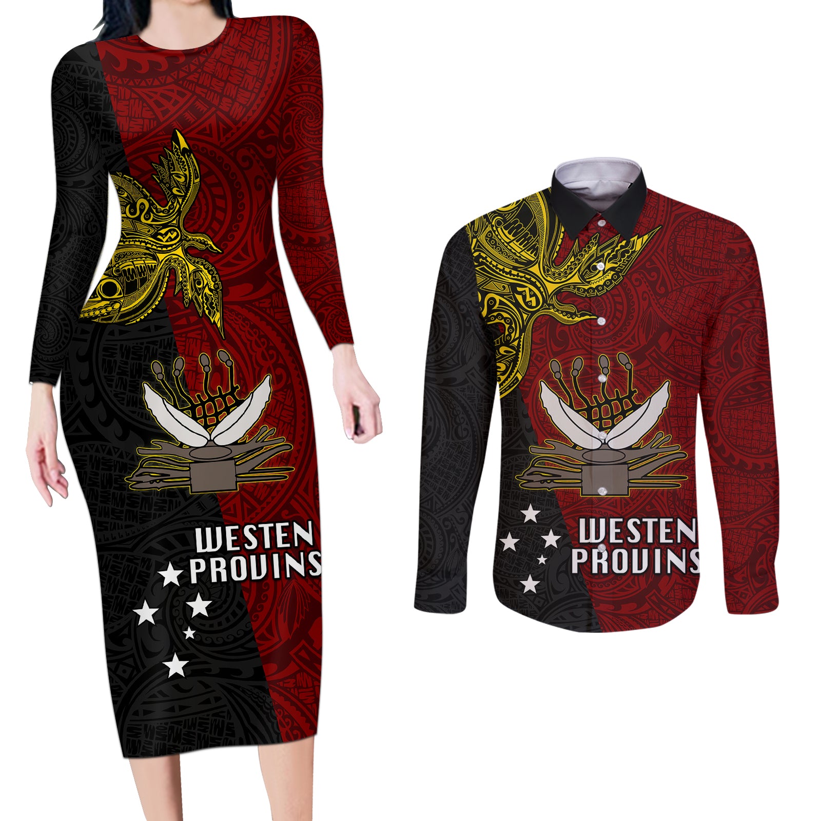 Papua New Guinea Western Province Couples Matching Long Sleeve Bodycon Dress and Long Sleeve Button Shirts PNG Birds Of Paradise Polynesian Arty Style LT03 Red - Polynesian Pride