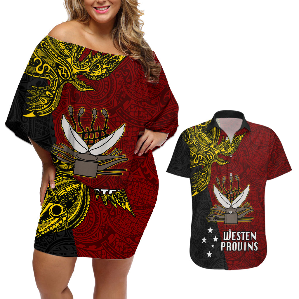 Papua New Guinea Western Province Couples Matching Off Shoulder Short Dress and Hawaiian Shirt PNG Birds Of Paradise Polynesian Arty Style LT03 Red - Polynesian Pride