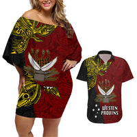 Papua New Guinea Western Province Couples Matching Off Shoulder Short Dress and Hawaiian Shirt PNG Birds Of Paradise Polynesian Arty Style LT03 Red - Polynesian Pride