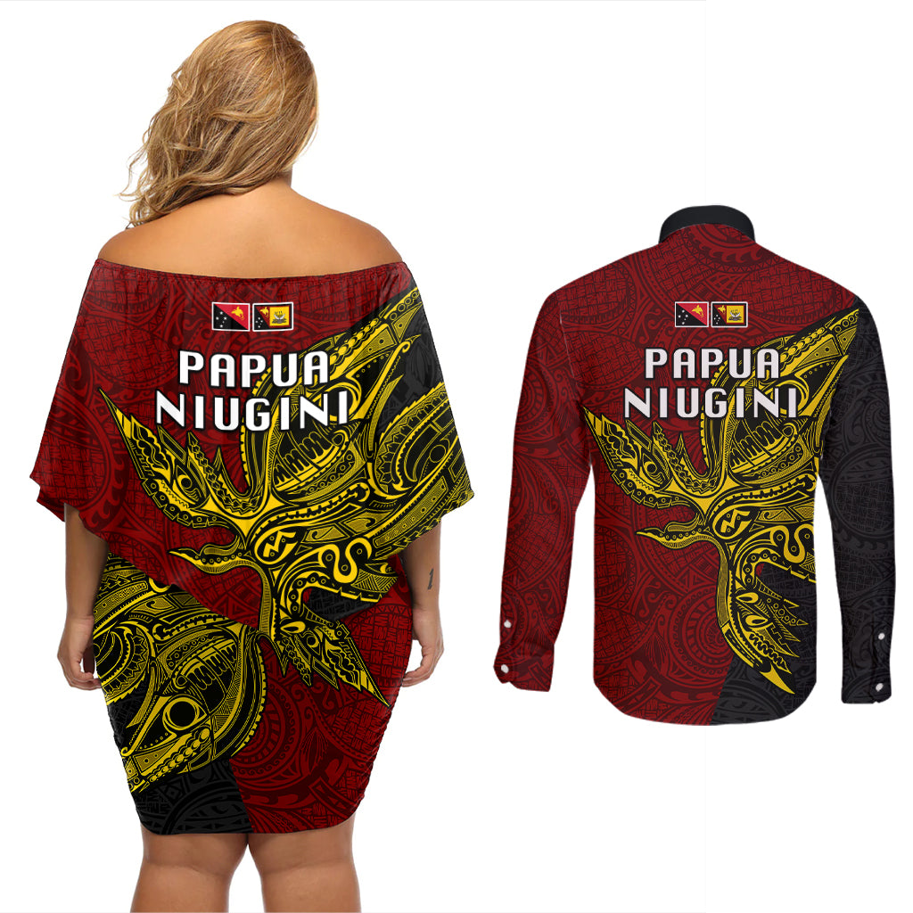 Papua New Guinea Western Province Couples Matching Off Shoulder Short Dress and Long Sleeve Button Shirts PNG Birds Of Paradise Polynesian Arty Style LT03 - Polynesian Pride