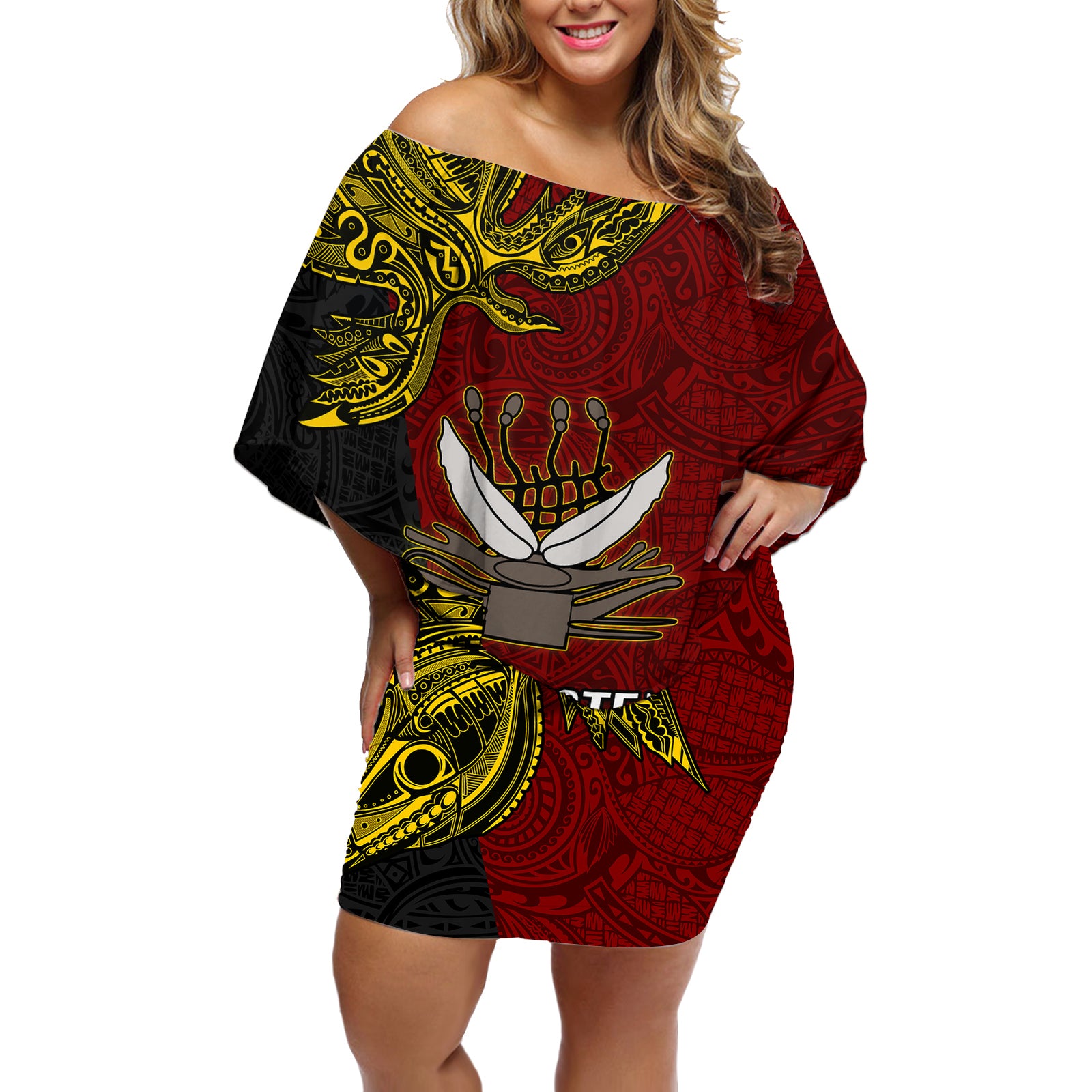 Papua New Guinea Western Province Off Shoulder Short Dress PNG Birds Of Paradise Polynesian Arty Style LT03 Women Red - Polynesian Pride