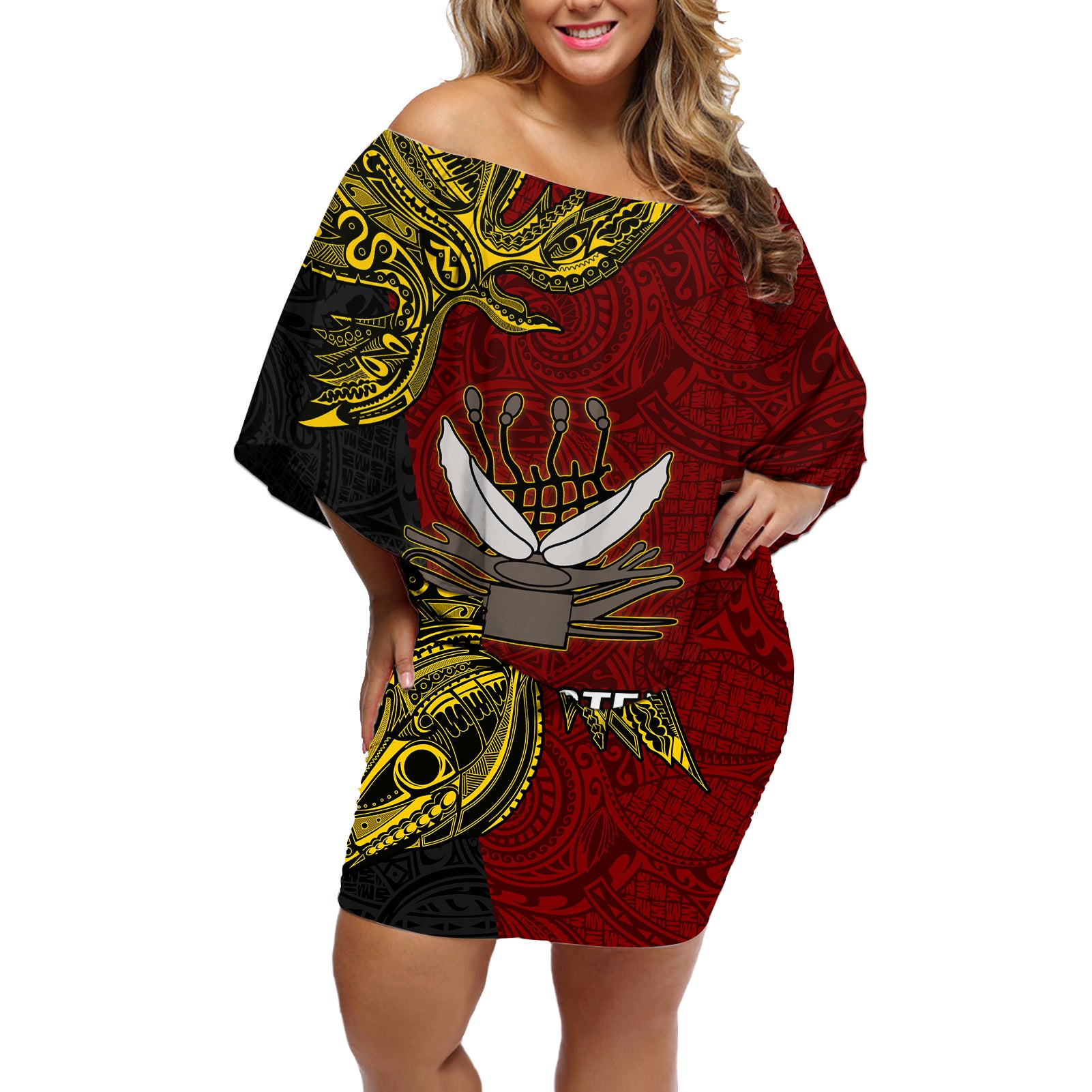 Papua New Guinea Western Province Off Shoulder Short Dress PNG Birds Of Paradise Polynesian Arty Style LT03 Women Red - Polynesian Pride