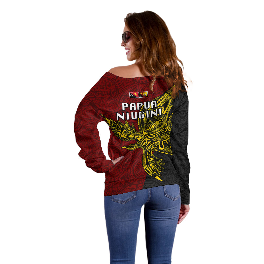 Papua New Guinea Western Province Off Shoulder Sweater PNG Birds Of Paradise Polynesian Arty Style LT03 - Polynesian Pride