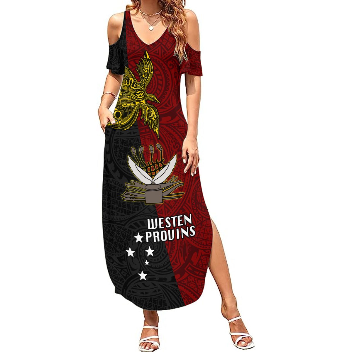 Papua New Guinea Western Province Summer Maxi Dress PNG Birds Of Paradise Polynesian Arty Style LT03 Women Red - Polynesian Pride