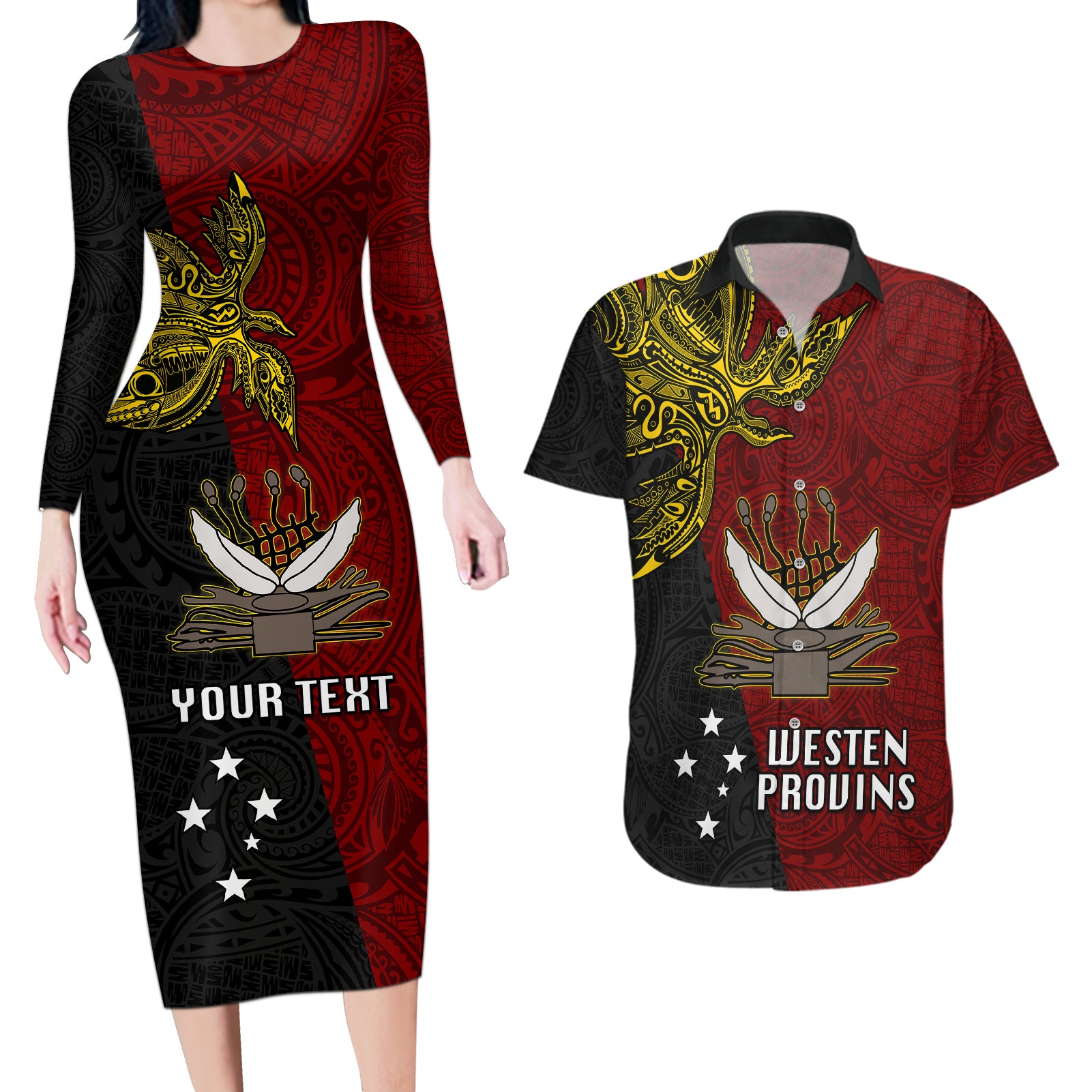 Personalised Papua New Guinea Western Province Couples Matching Long Sleeve Bodycon Dress and Hawaiian Shirt PNG Birds Of Paradise Polynesian Arty Style LT03 Red - Polynesian Pride