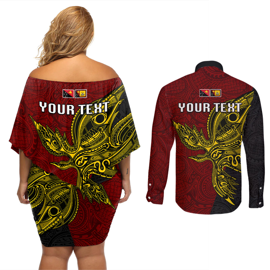 Personalised Papua New Guinea Western Province Couples Matching Off Shoulder Short Dress and Long Sleeve Button Shirts PNG Birds Of Paradise Polynesian Arty Style LT03 - Polynesian Pride