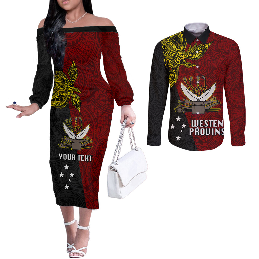 Personalised Papua New Guinea Western Province Couples Matching Off The Shoulder Long Sleeve Dress and Long Sleeve Button Shirts PNG Birds Of Paradise Polynesian Arty Style LT03 Red - Polynesian Pride