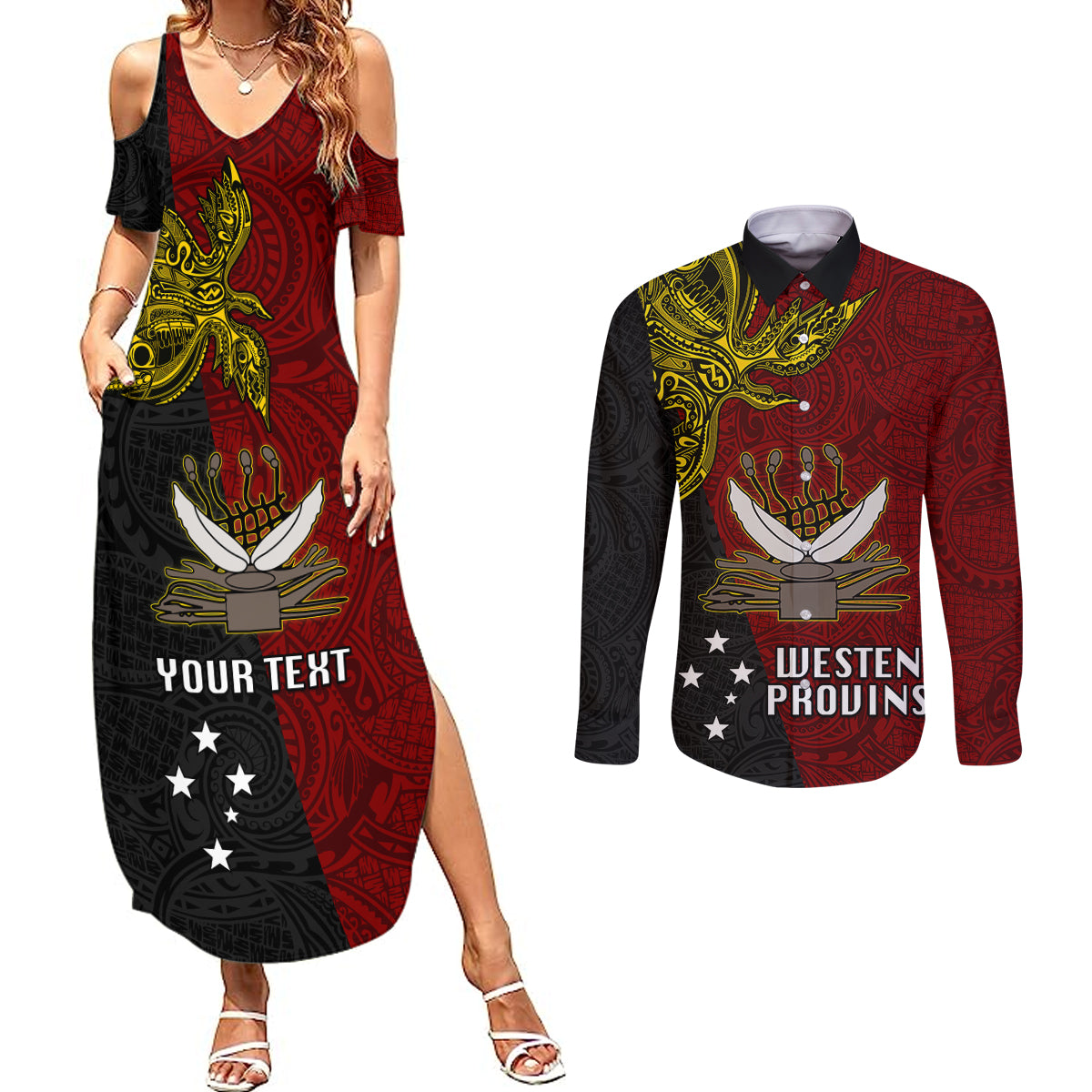 Personalised Papua New Guinea Western Province Couples Matching Summer Maxi Dress and Long Sleeve Button Shirts PNG Birds Of Paradise Polynesian Arty Style LT03 Red - Polynesian Pride