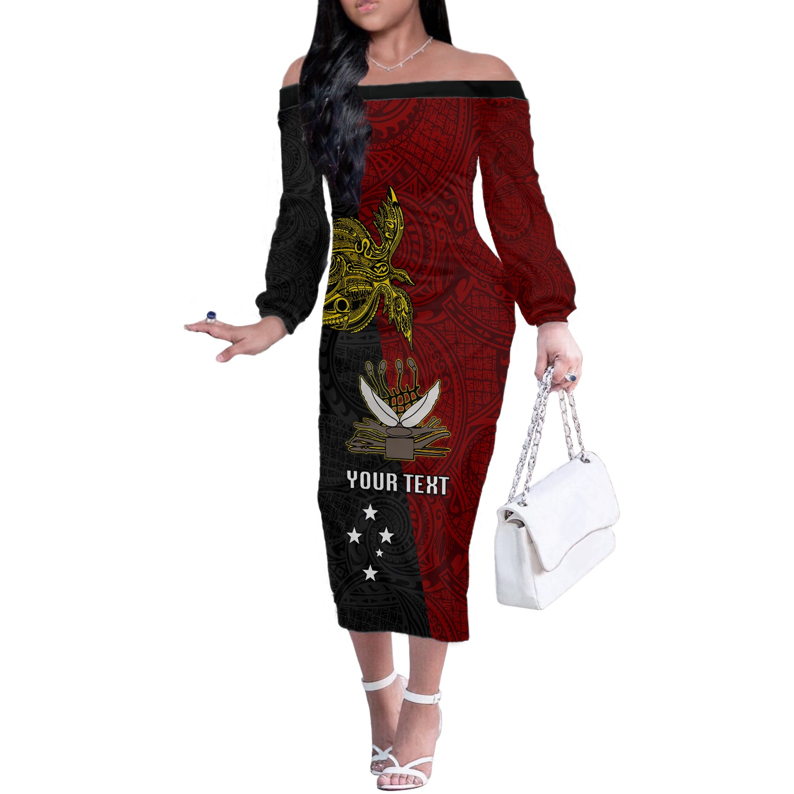 Personalised Papua New Guinea Western Province Off The Shoulder Long Sleeve Dress PNG Birds Of Paradise Polynesian Arty Style LT03 Women Red - Polynesian Pride