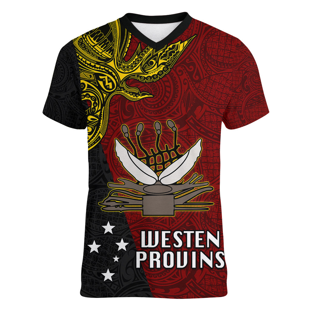 Personalised Papua New Guinea Western Province Women V Neck T Shirt PNG Birds Of Paradise Polynesian Arty Style LT03 Female Red - Polynesian Pride