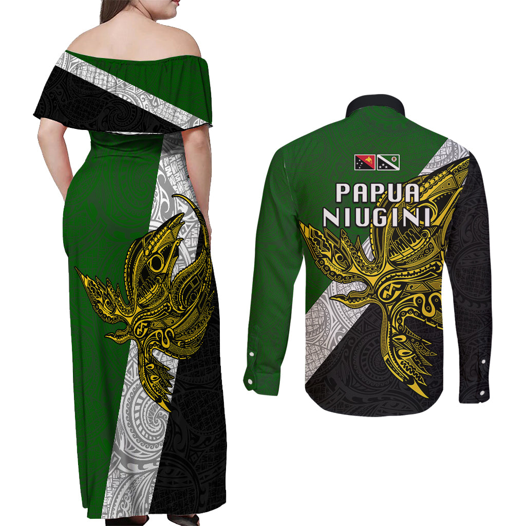 Papua New Guinea Western Highlands Province Couples Matching Off Shoulder Maxi Dress and Long Sleeve Button Shirts PNG Birds Of Paradise Polynesian Arty Style LT03 - Polynesian Pride