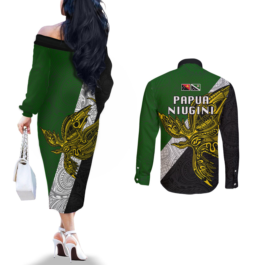 Papua New Guinea Western Highlands Province Couples Matching Off The Shoulder Long Sleeve Dress and Long Sleeve Button Shirts PNG Birds Of Paradise Polynesian Arty Style LT03 - Polynesian Pride