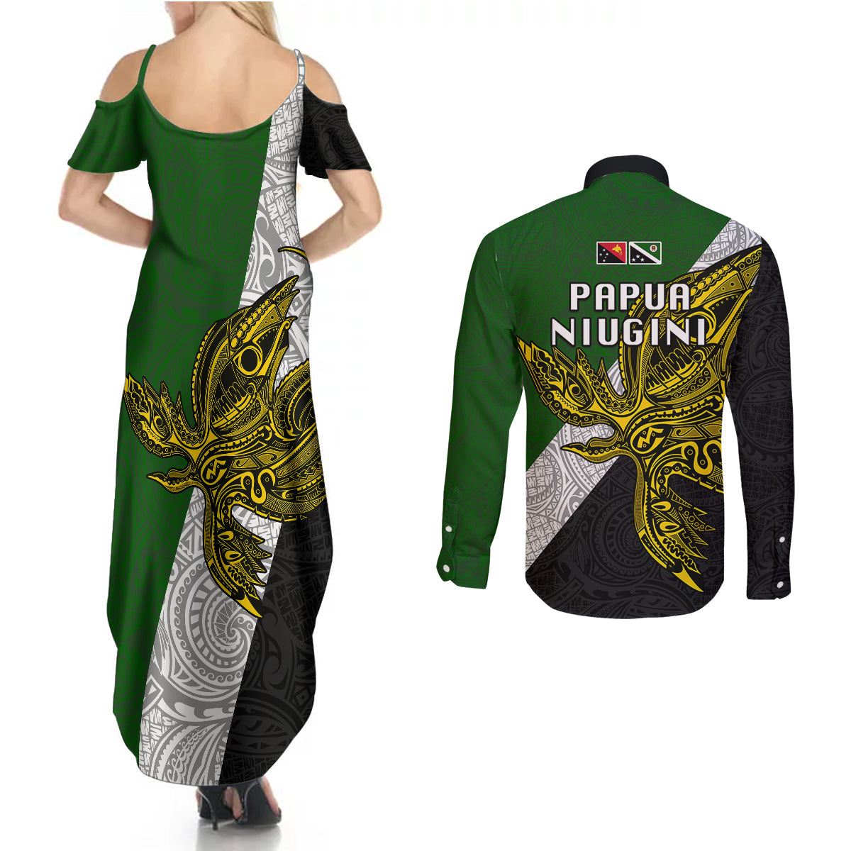 Papua New Guinea Western Highlands Province Couples Matching Summer Maxi Dress and Long Sleeve Button Shirts PNG Birds Of Paradise Polynesian Arty Style LT03 - Polynesian Pride