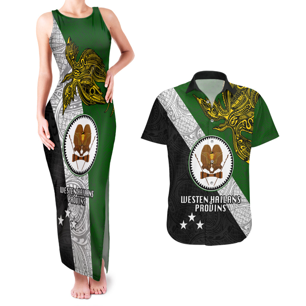 Papua New Guinea Western Highlands Province Couples Matching Tank Maxi Dress and Hawaiian Shirt PNG Birds Of Paradise Polynesian Arty Style LT03 Green - Polynesian Pride