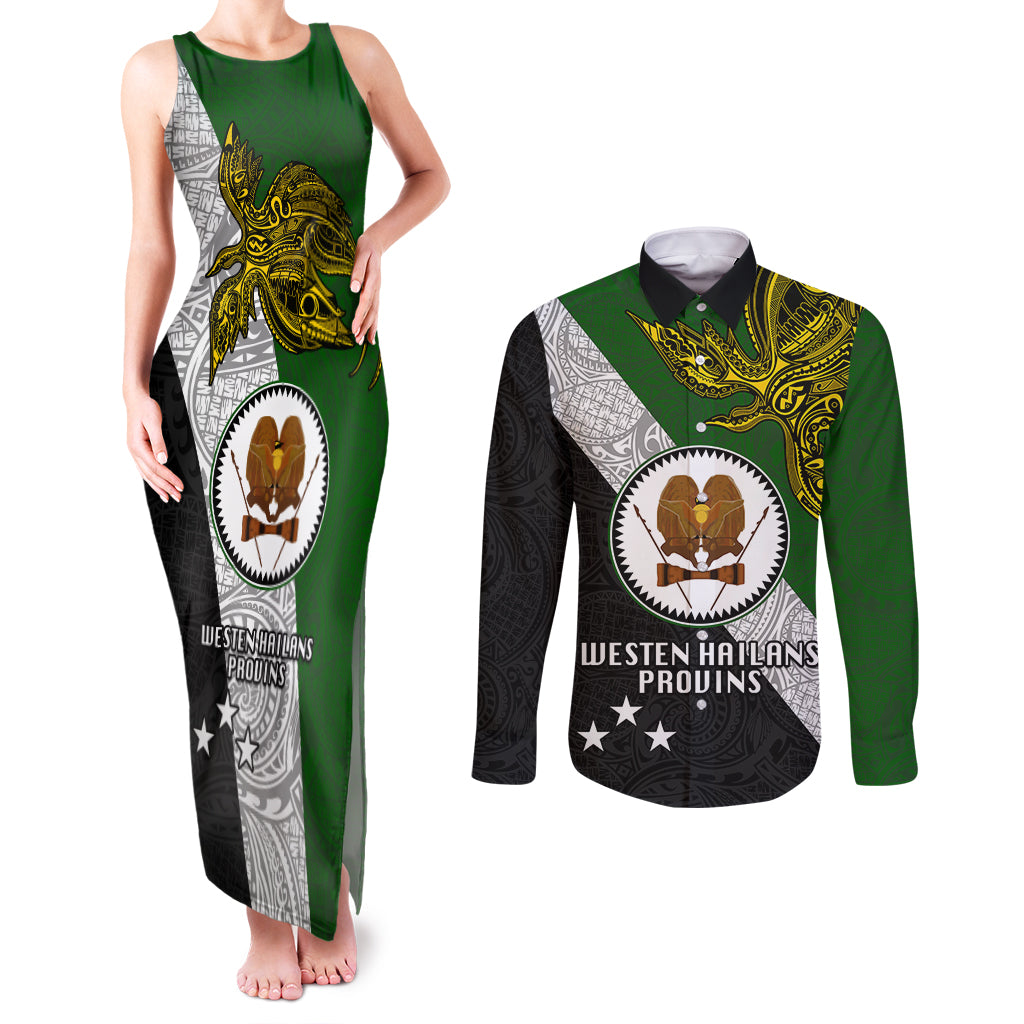 Papua New Guinea Western Highlands Province Couples Matching Tank Maxi Dress and Long Sleeve Button Shirts PNG Birds Of Paradise Polynesian Arty Style LT03 Green - Polynesian Pride