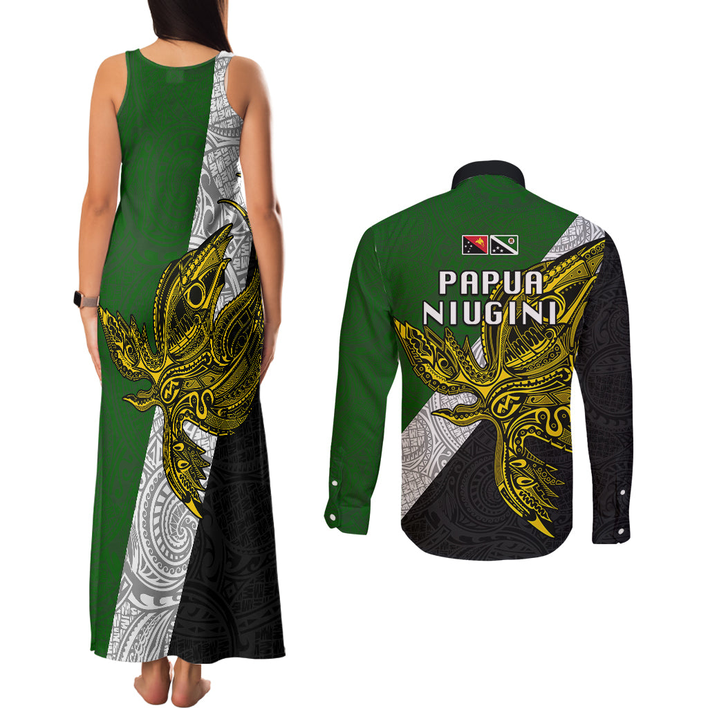 Papua New Guinea Western Highlands Province Couples Matching Tank Maxi Dress and Long Sleeve Button Shirts PNG Birds Of Paradise Polynesian Arty Style LT03 - Polynesian Pride