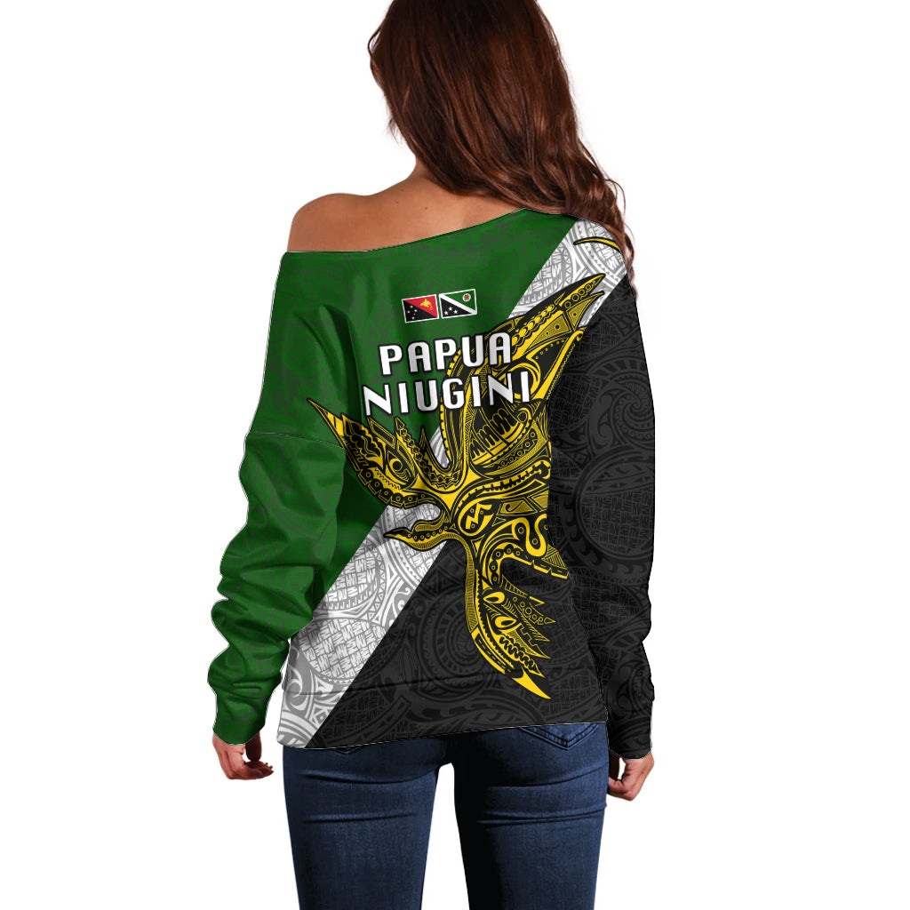 Papua New Guinea Western Highlands Province Off Shoulder Sweater PNG Birds Of Paradise Polynesian Arty Style LT03 - Polynesian Pride