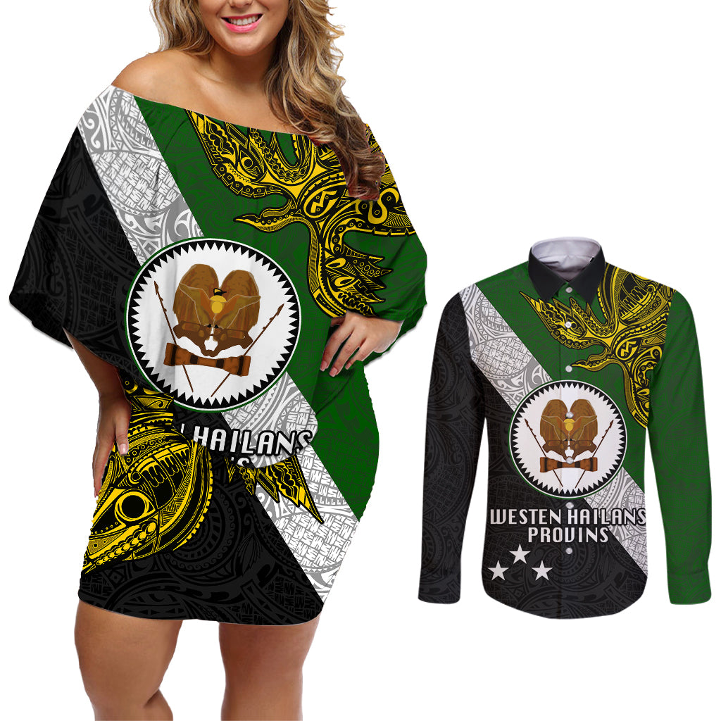 Personalised Papua New Guinea Western Highlands Province Couples Matching Off Shoulder Short Dress and Long Sleeve Button Shirts PNG Birds Of Paradise Polynesian Arty Style LT03 Green - Polynesian Pride