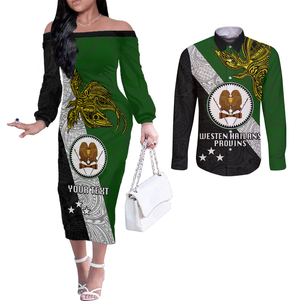Personalised Papua New Guinea Western Highlands Province Couples Matching Off The Shoulder Long Sleeve Dress and Long Sleeve Button Shirts PNG Birds Of Paradise Polynesian Arty Style LT03 Green - Polynesian Pride