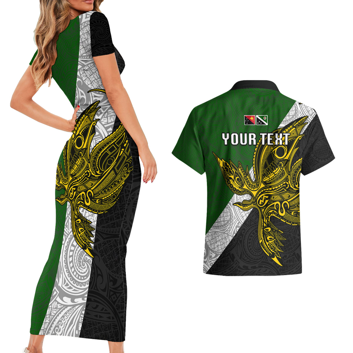 Personalised Papua New Guinea Western Highlands Province Couples Matching Short Sleeve Bodycon Dress and Hawaiian Shirt PNG Birds Of Paradise Polynesian Arty Style LT03 - Polynesian Pride