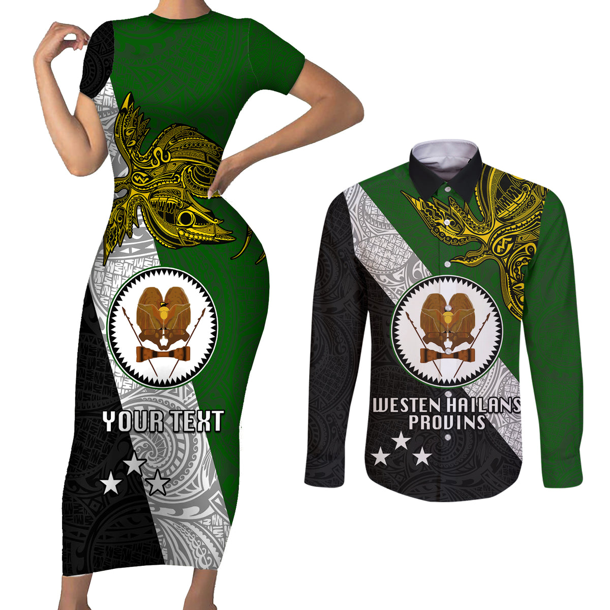 Personalised Papua New Guinea Western Highlands Province Couples Matching Short Sleeve Bodycon Dress and Long Sleeve Button Shirts PNG Birds Of Paradise Polynesian Arty Style LT03 Green - Polynesian Pride